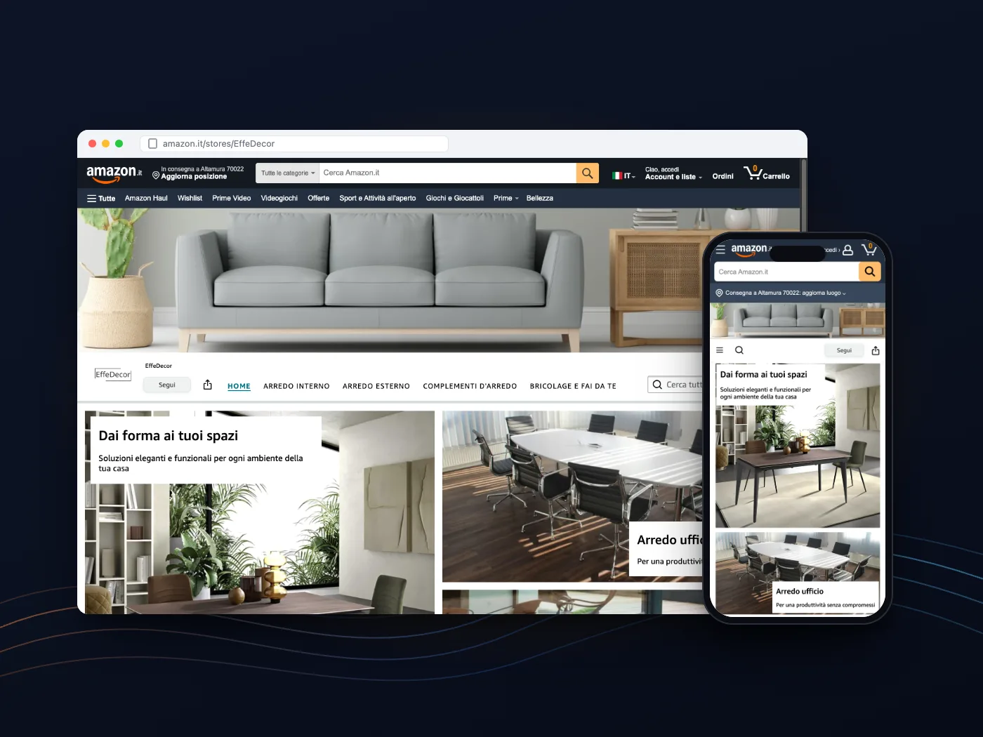 Lo store del marchio EffeDecor su Amazon, su computer e telefono