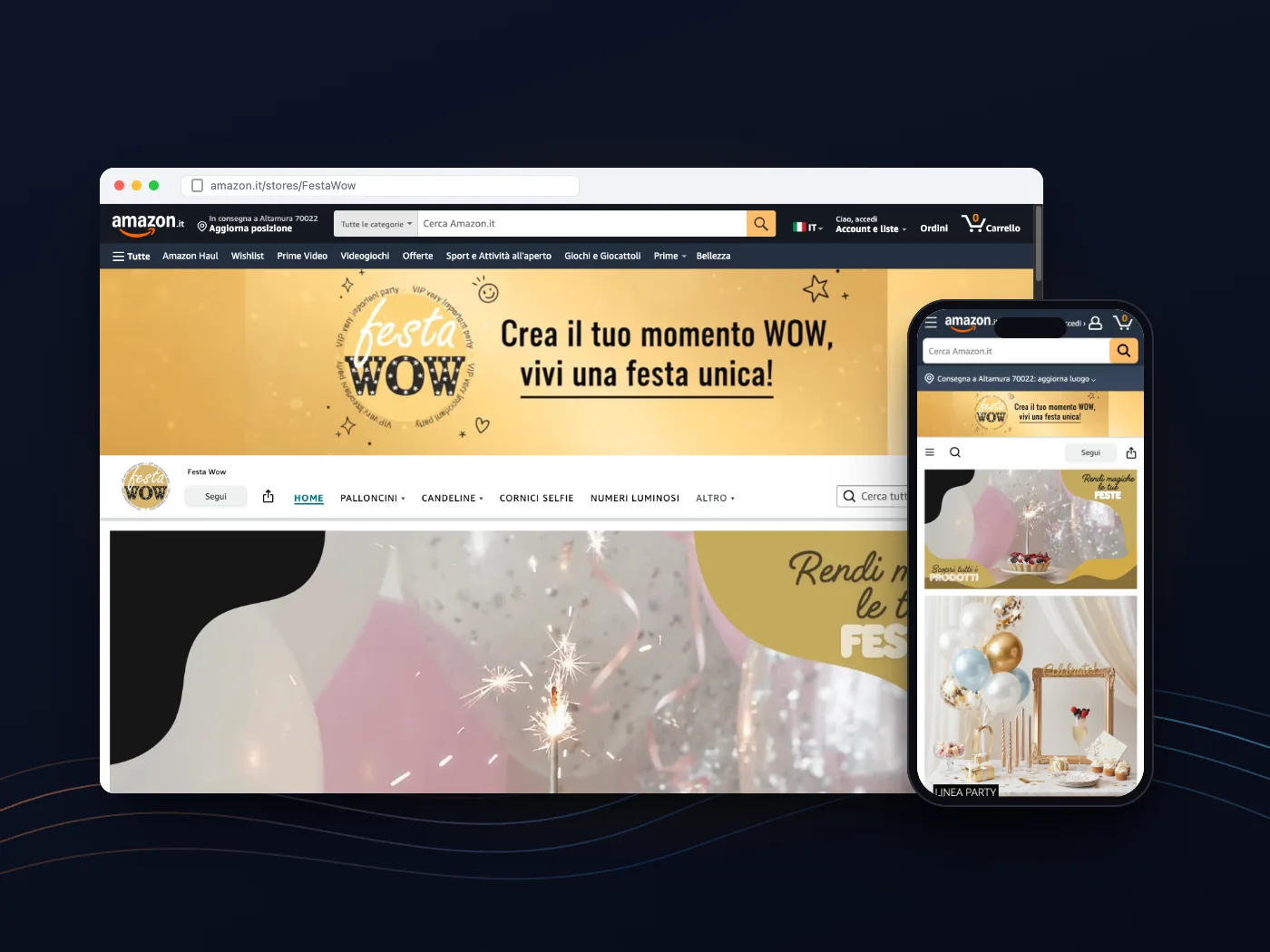 Lo store del marchio Festa Wow su Amazon, su computer e telefono