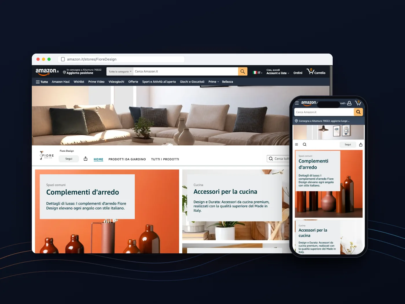 Lo store del marchio Fiore Design su Amazon, su computer e telefono