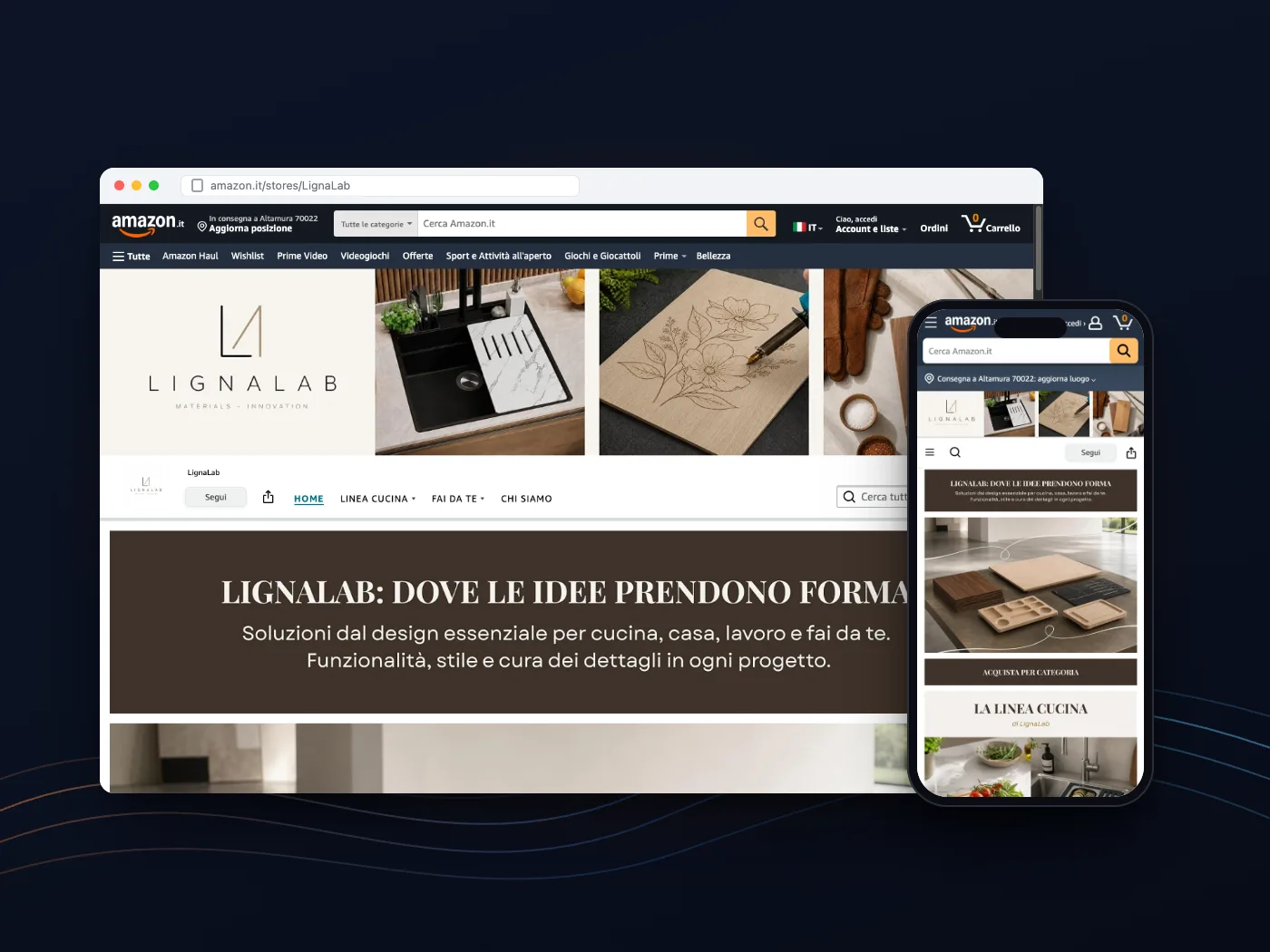 Lo store del marchio LignaLab su Amazon, su computer e telefono