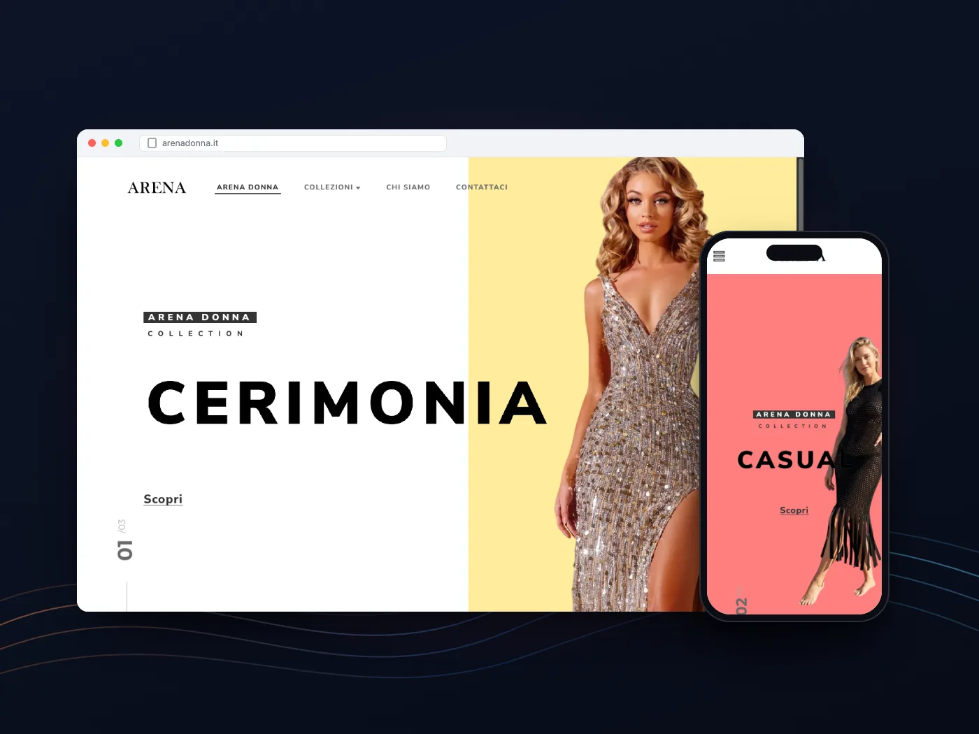 Il sito di Arena Donna su computer e telefono: la collezione Cerimonia nella home