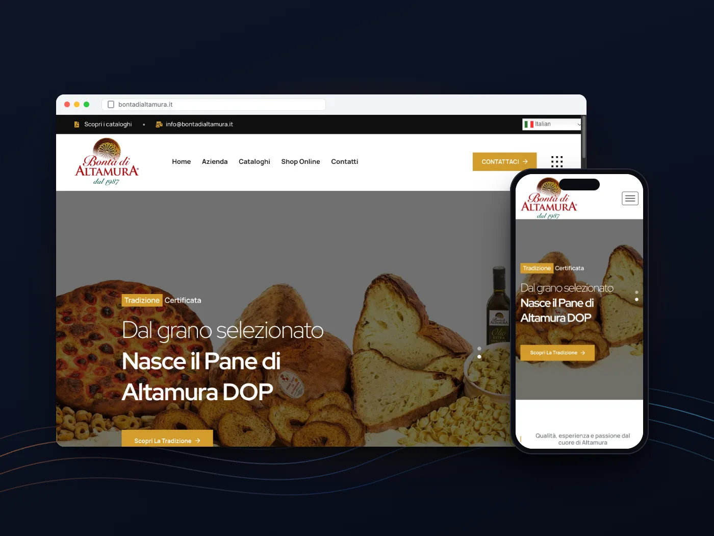 Il sito di Bontà di Altamura su computer e telefono: il pane DOP nella home