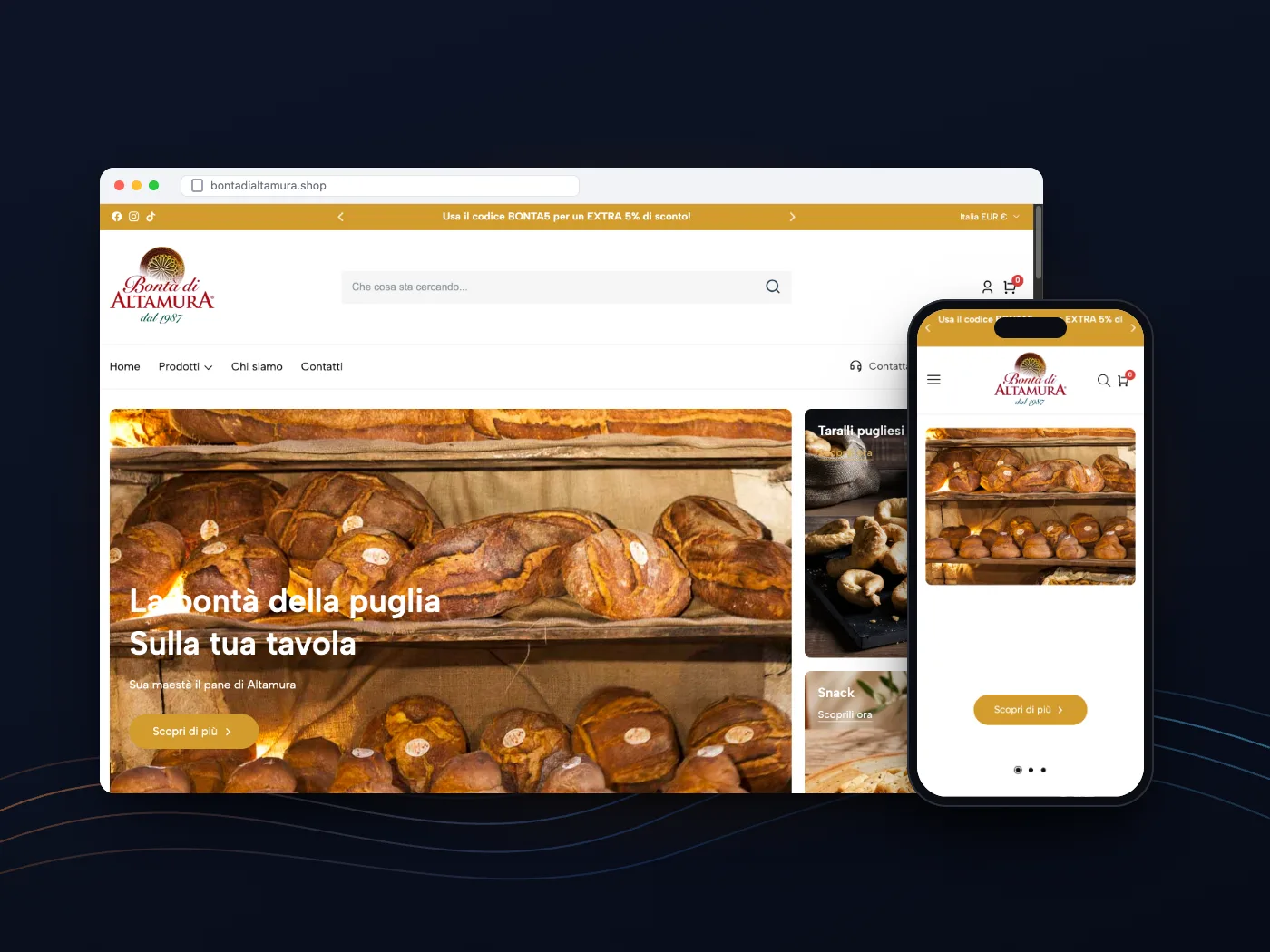 Il negozio online di Bontà di Altamura su computer e telefono: pane e taralli in primo piano