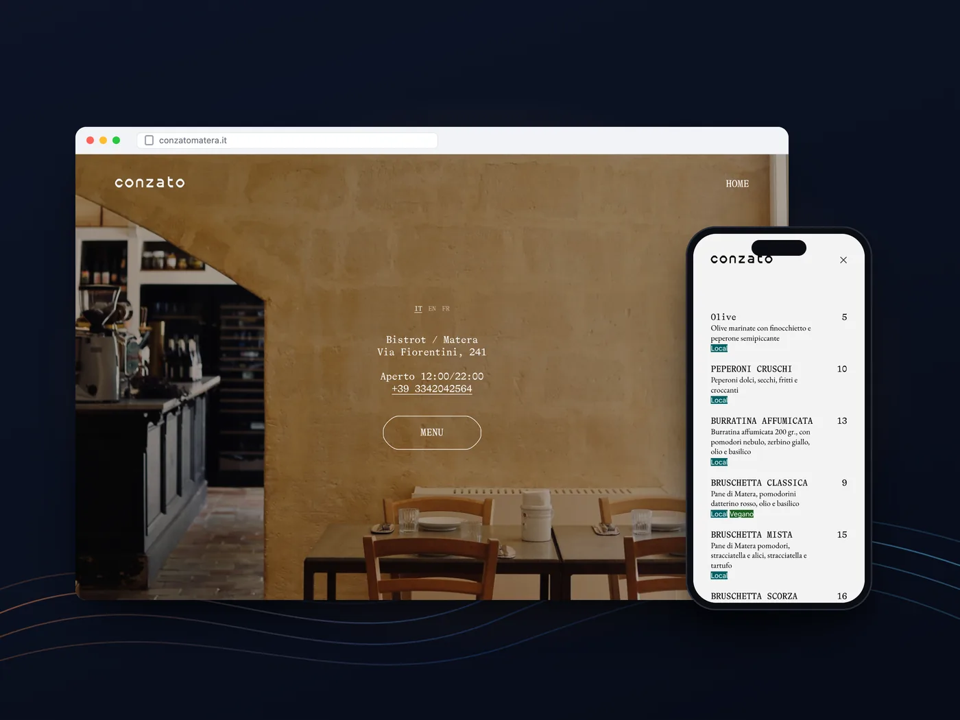 Il sito di Conzato su computer e telefono: la sala del bistrot nella home e il menù con le etichette Local e Vegano