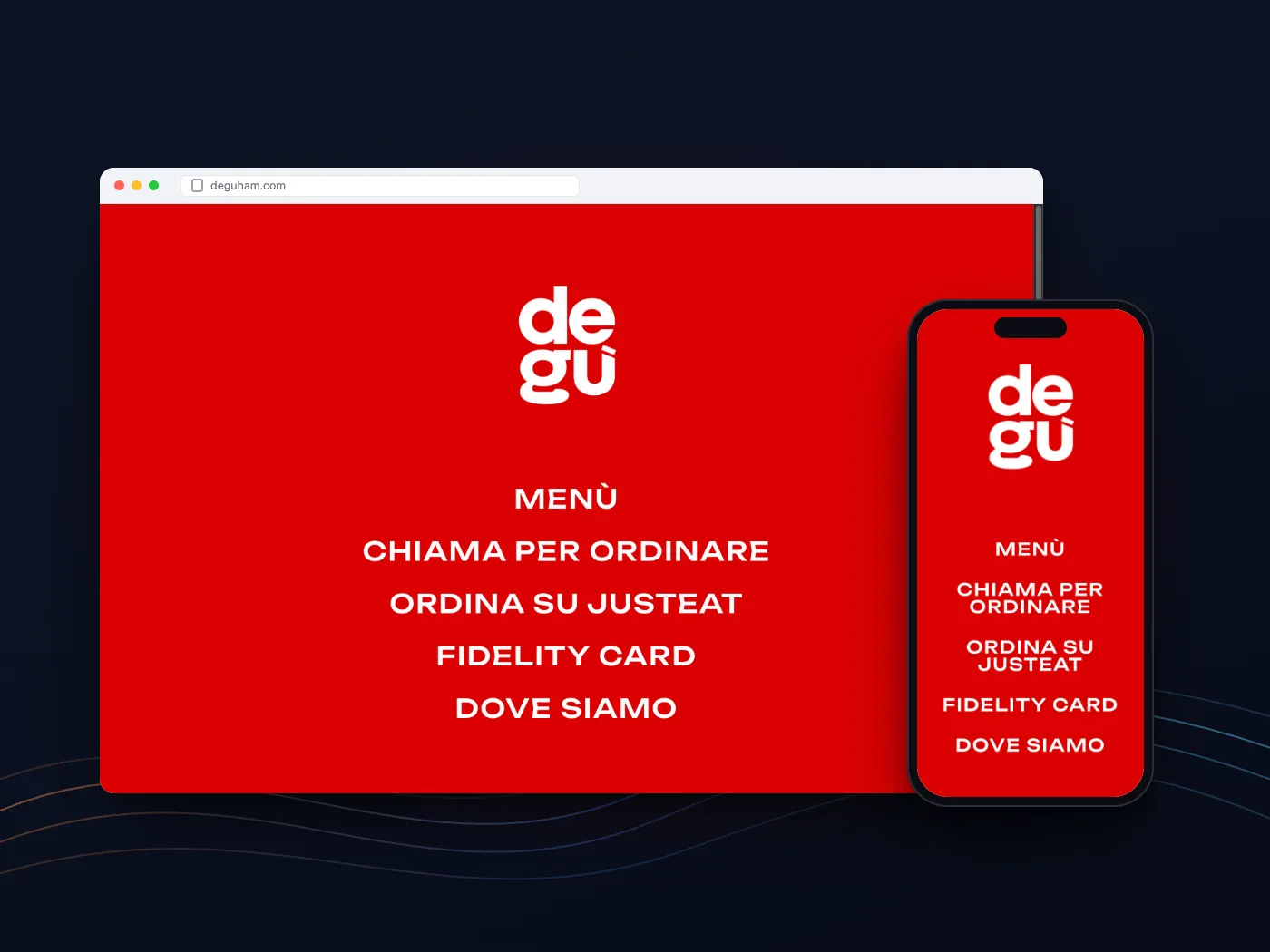 La pagina di Degù HAM su computer e telefono: logo rosso e collegamenti a menù, ordini, JustEat e carta fedeltà
