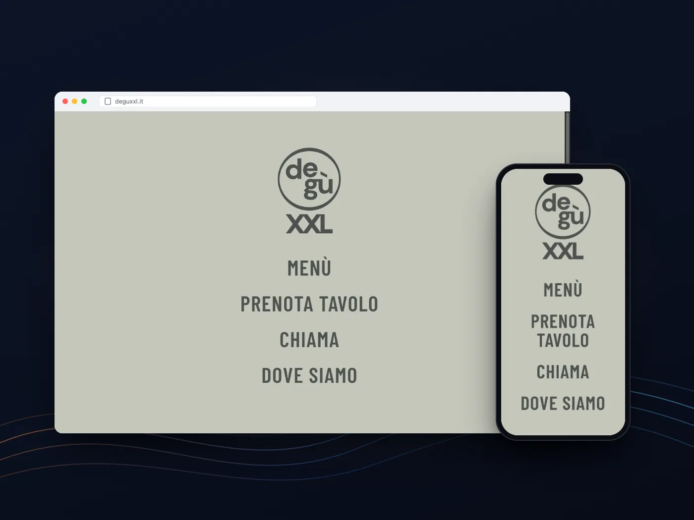 La pagina di Degù XXL su computer e telefono: logo e collegamenti a menù, prenotazione, chiamata e mappa