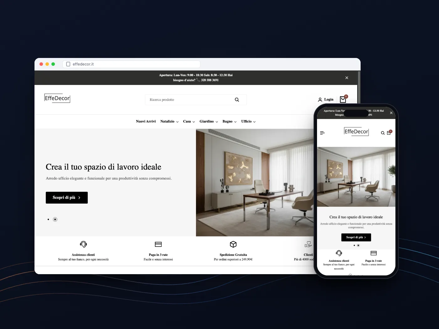 Il negozio online di EffeDecor su computer e telefono: un ufficio arredato nella home