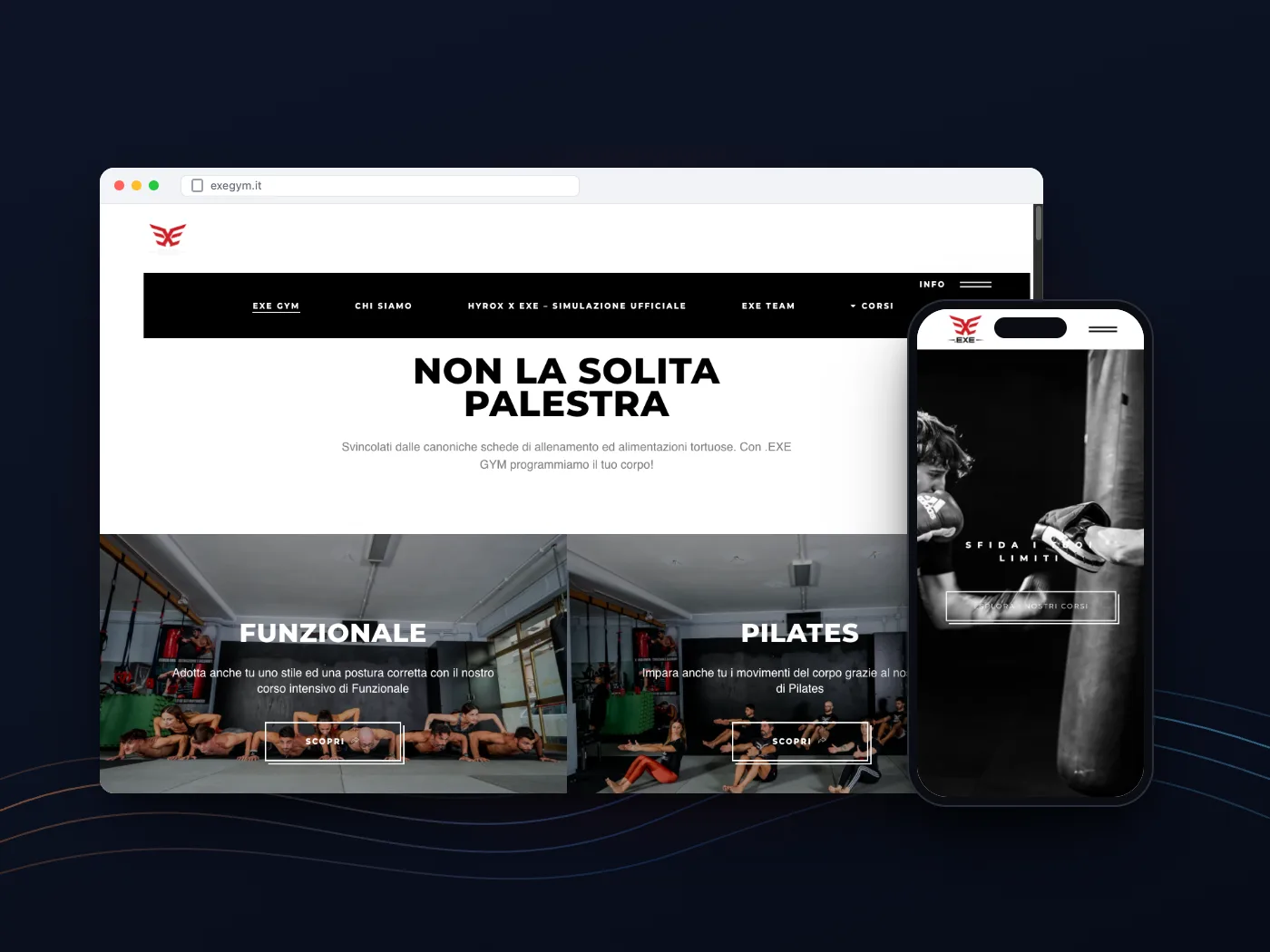Il sito di EXE GYM su computer e telefono: il titolo «Non la solita palestra» nella home