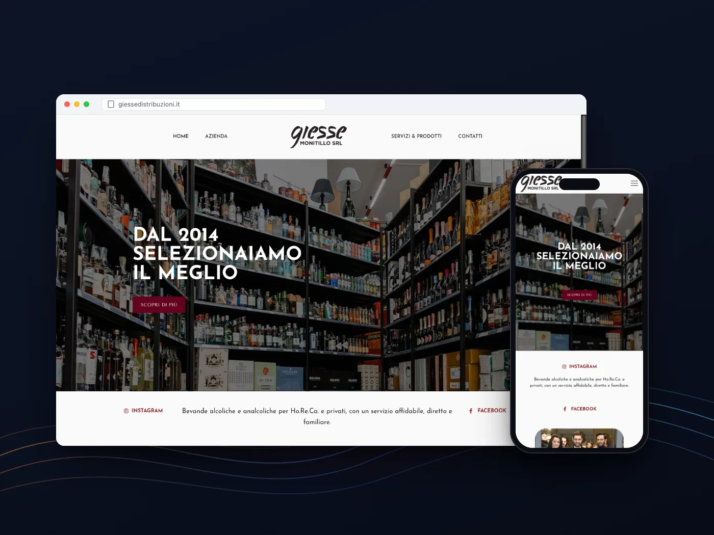 Il sito di Giesse Distribuzioni su computer e telefono: gli scaffali di bottiglie nella home