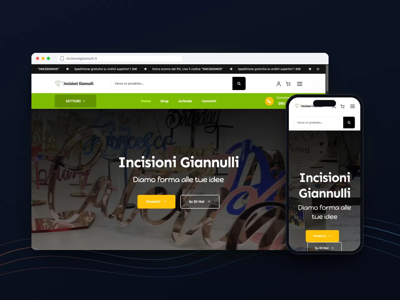 Il sito di Incisioni Giannulli su computer e telefono: la scritta del laboratorio nella home