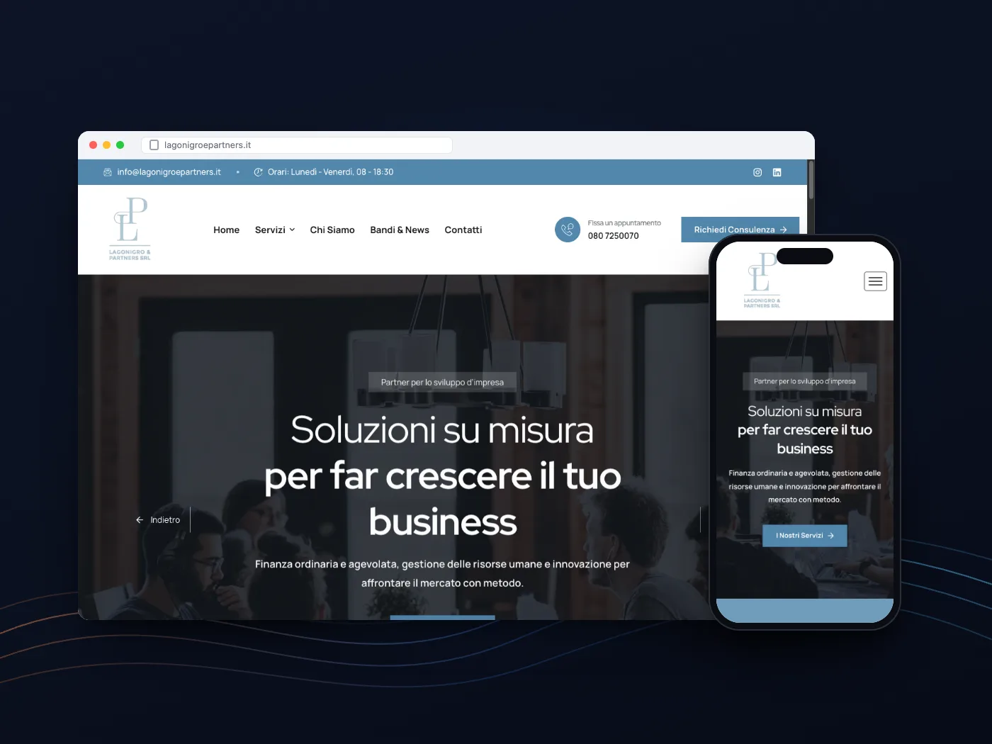 Il sito di Lagonigro & Partners su computer e telefono: il titolo «Soluzioni su misura per far crescere il tuo business»