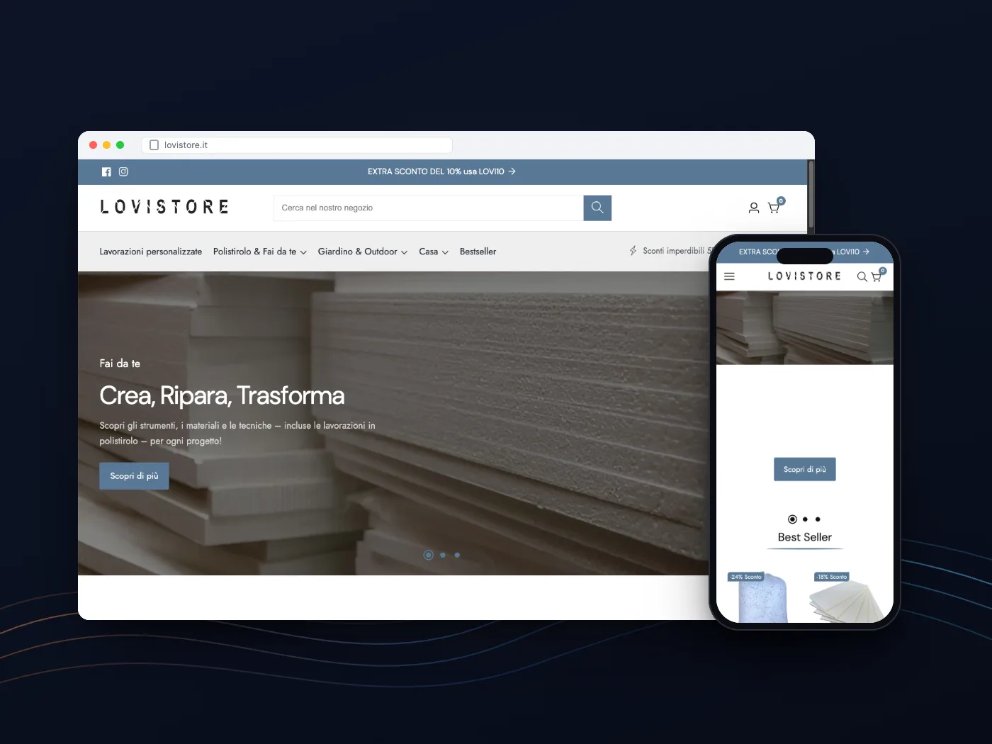 Il negozio online LoviStore su computer e telefono: pannelli in polistirolo nella home