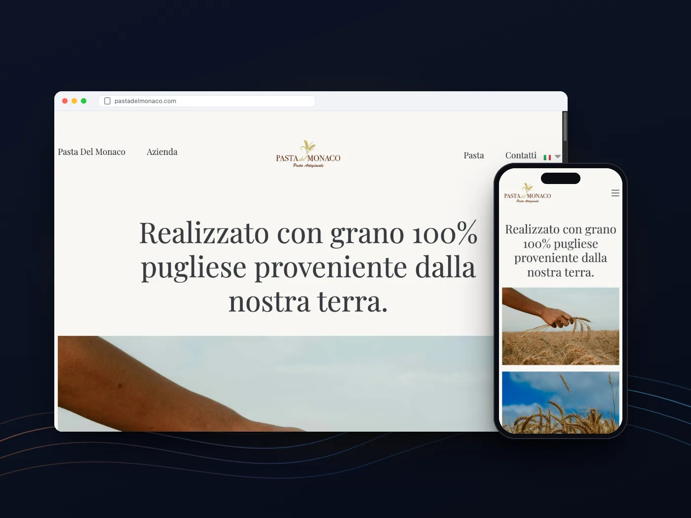 Il sito di Pasta Del Monaco su computer e telefono: il titolo sulla provenienza del grano