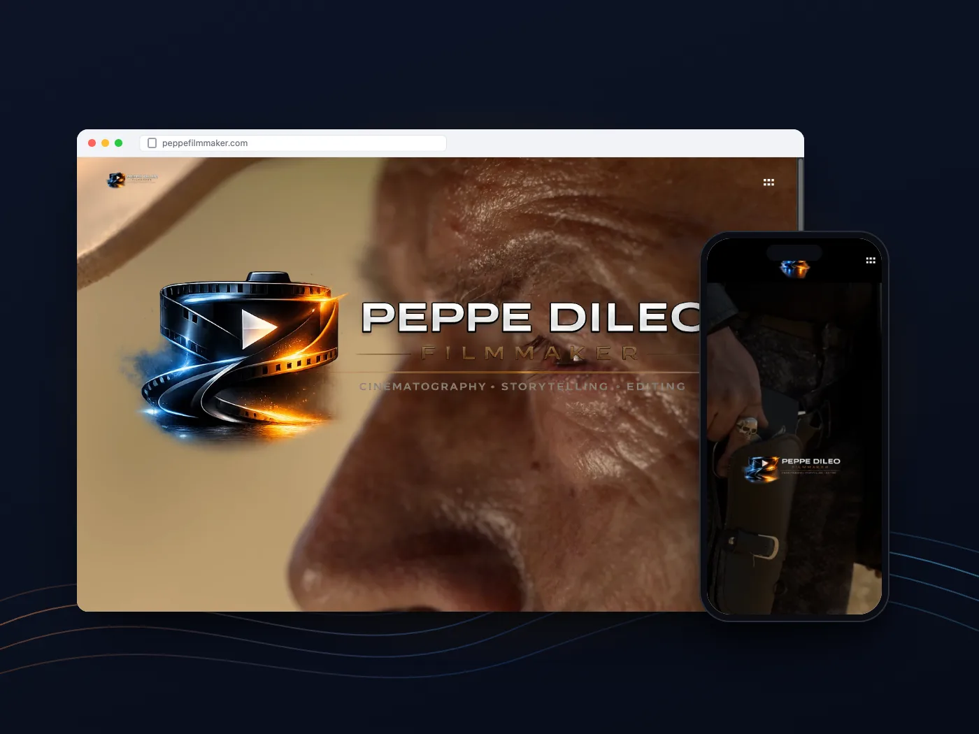 Il sito di Peppe Filmmaker su computer e telefono: il logo con la pellicola nella home
