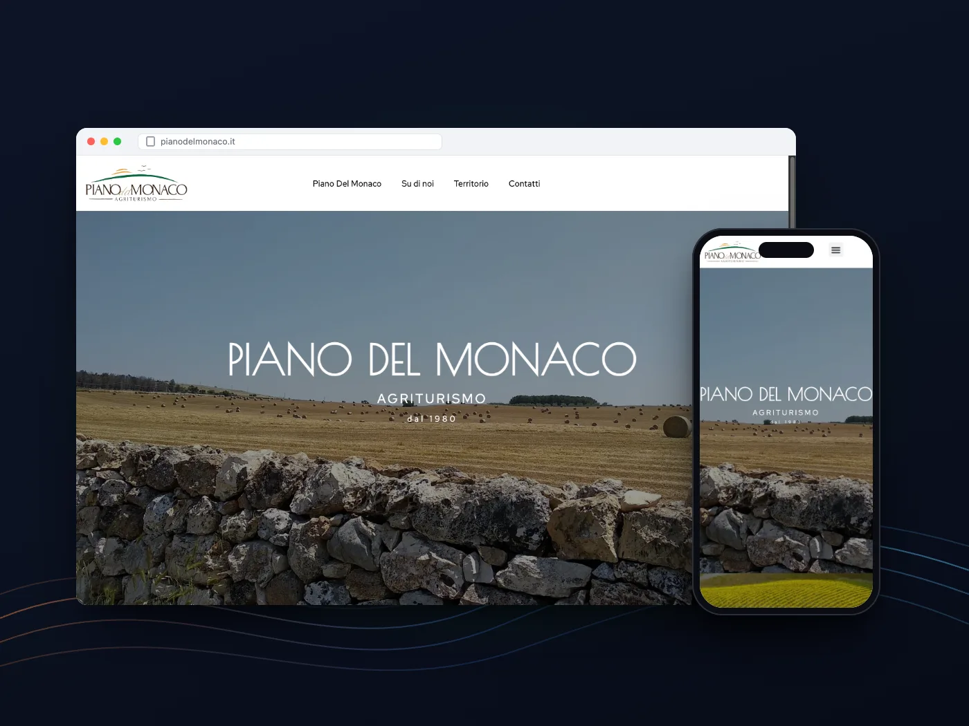 Il sito di Piano Del Monaco su computer e telefono: la campagna con i muretti a secco