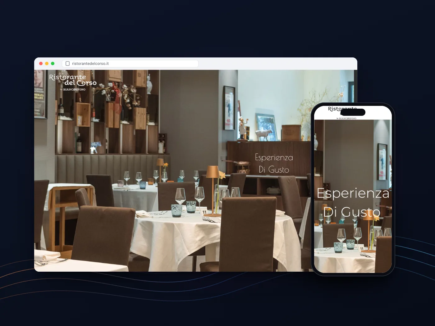 Il sito del Ristorante Del Corso su computer e telefono: la sala apparecchiata nella home