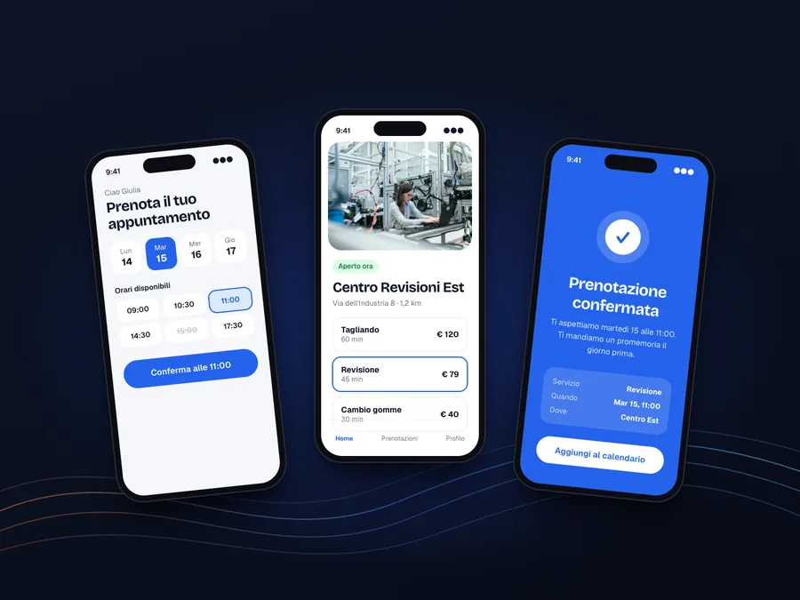 Tre schermate di un’app di prenotazione: scelta dell’orario, scelta del servizio e conferma