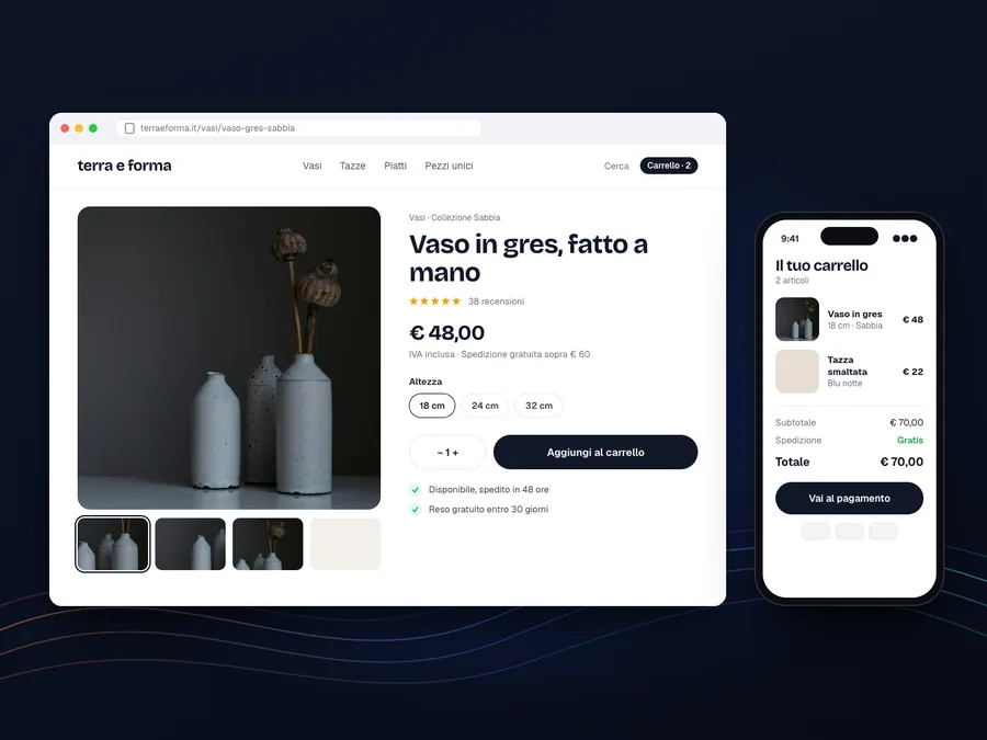 Esempio di negozio online: la scheda di un vaso in ceramica e il carrello aperto sul telefono