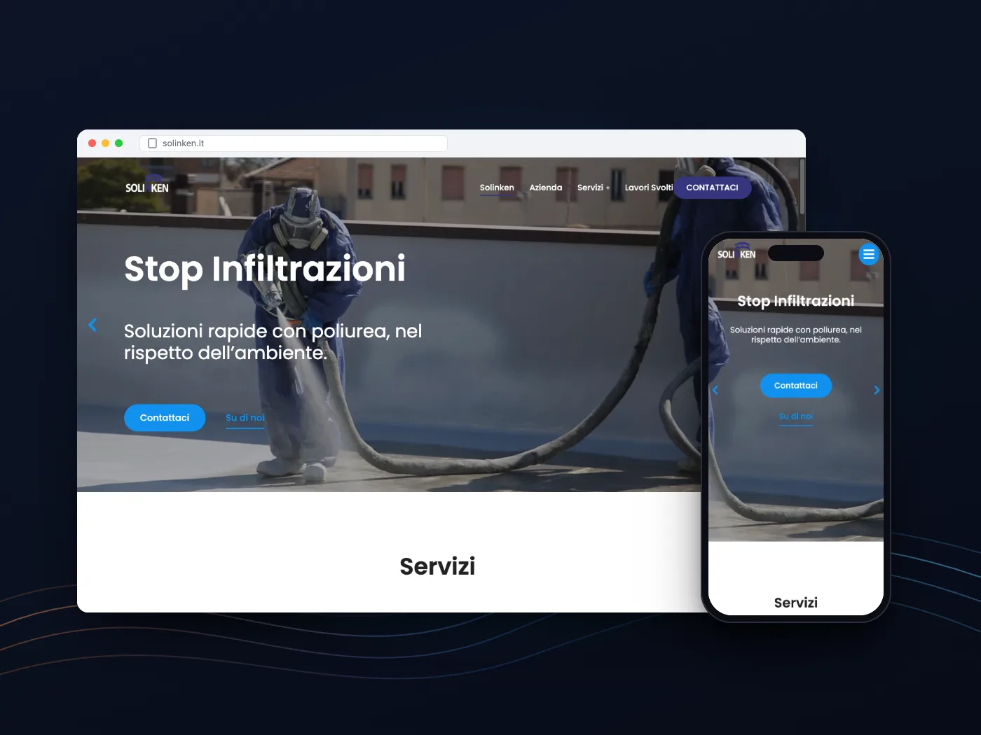 Il sito di Solinken su computer e telefono: il titolo «Stop Infiltrazioni» nella home