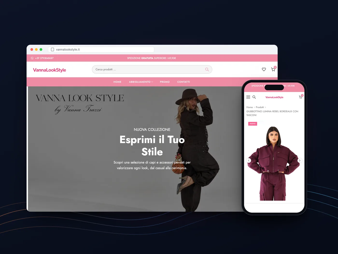 Il negozio online VannaLookStyle su computer e telefono: la home con la nuova collezione e la scheda di un giubbotto